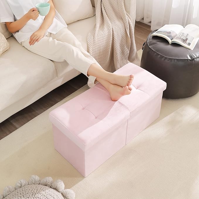 Storage Ottoman Bench Foldable Seat Footrest Shoe Bench End of Bed Storage with Flipping Lid, 75L Storage Space, 30 inches Velvet Pink