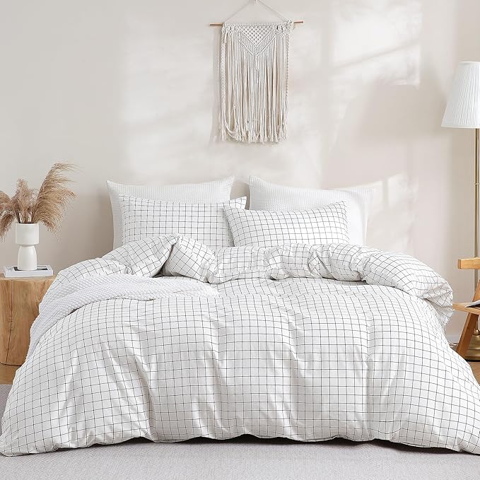 TOCOMOA Checkered Duvet Cover Set 100% Natural Cotton Soft Comfy Breathable 3 Piece White and Black Gingham Pattern Printed Comforter Cover Bedding Set (Queen 90"x90", Comforter Not Included)