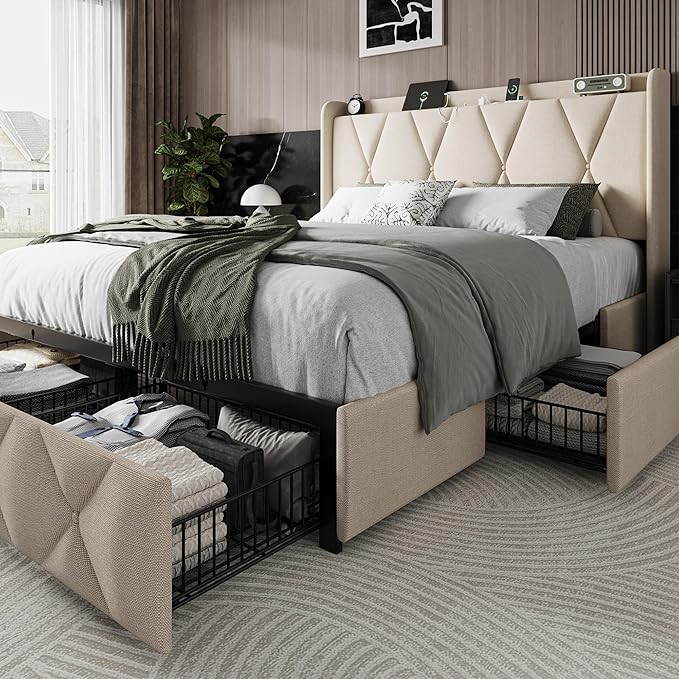 Einhomn Full Size Bed Frame with 4 Storage Drawers and Charging Station, Upholstered Platform Bed Frame with Storage Headboard, No Box Spring Needed, Easy Assembly, Beige