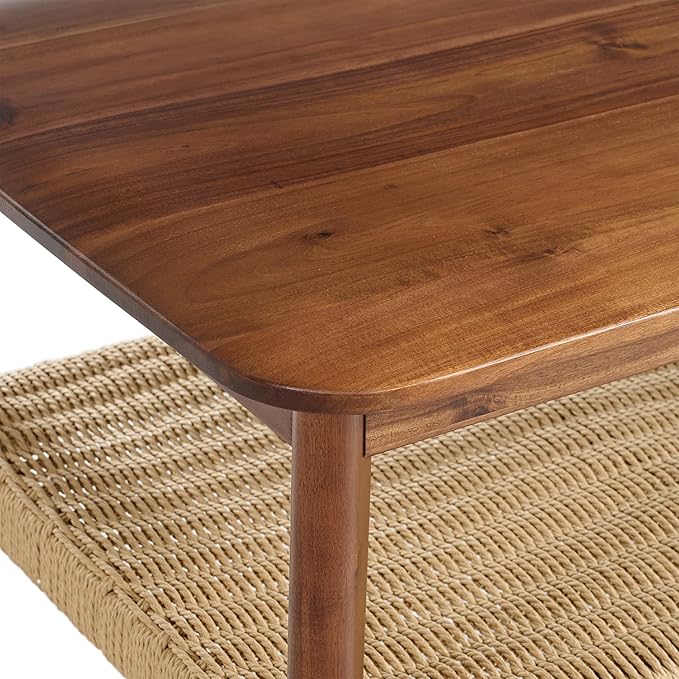 Alaterre Furniture Calais 48 Inch Rectangular Solid Wood Coffee Table with Woven Storage Shelf – Mid Century Modern 2-Tier Living Room Table (Chestnut)