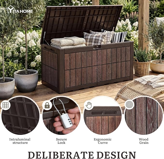 YITAHOME 134 Gallon Large Deck Box, Waterproof Resin Outdoor Storage Box with Lock, Doubles as Bench Seating for Patio Furniture Cushion, Garden Tools &Pool Accessories, Dark Brown & Wood-Grain Brown