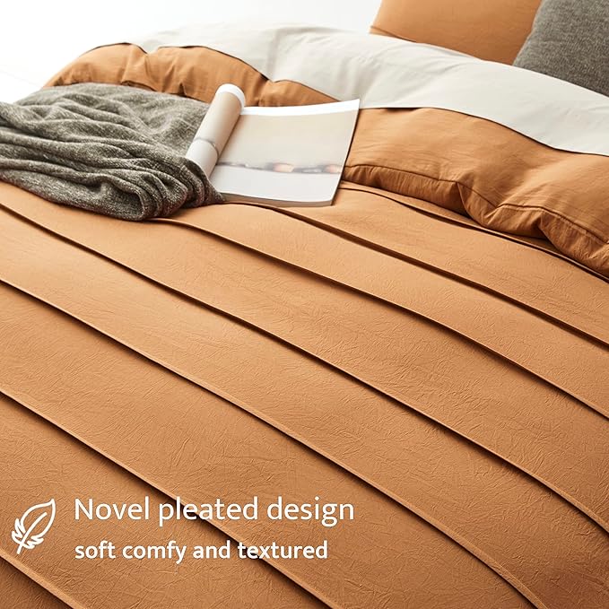 Oli Anderson Pumpkin Brown Duvet Cover King Size - Pleated King Duvet Cover, 3PCS Soft and Breathable Textured Bedding Set with Zipper Closure(Pumpkin Brown,104"x90")