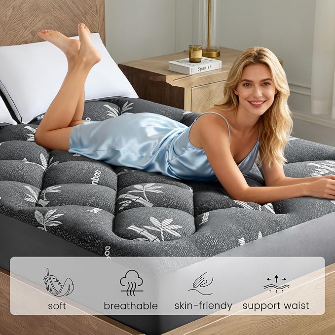 Mattress Topper King Size - Viscose Made from Bamboo Pillow Top Mattress Pad with Deep Pockets - Soft Mattress Topper for Back Pain Relief(78"x80",Black)