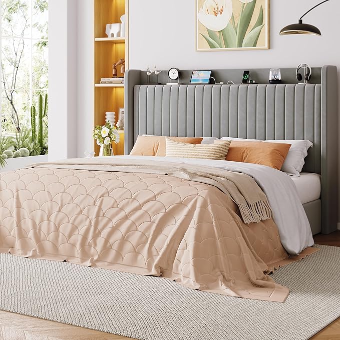 Allewie King Size Lift Up Storage Bed Frame,Storage Shelf Headboard with Charging Station,Type-C and USB Ports,Hydraulic Support,Velvet Upholstered Bed Frame,No Box Spring Needed,Grey