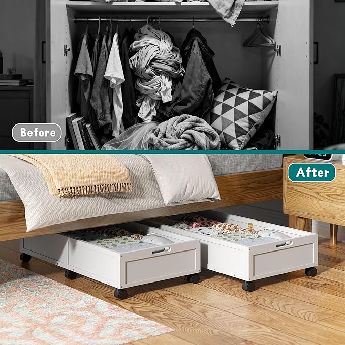 WISUCART Wood Under Bed Storage Containers Underbed Organizer with Wheels Sturdy Wood Rolling Under Bed Shoe Storage Organizer 2 Packs (White, Large)