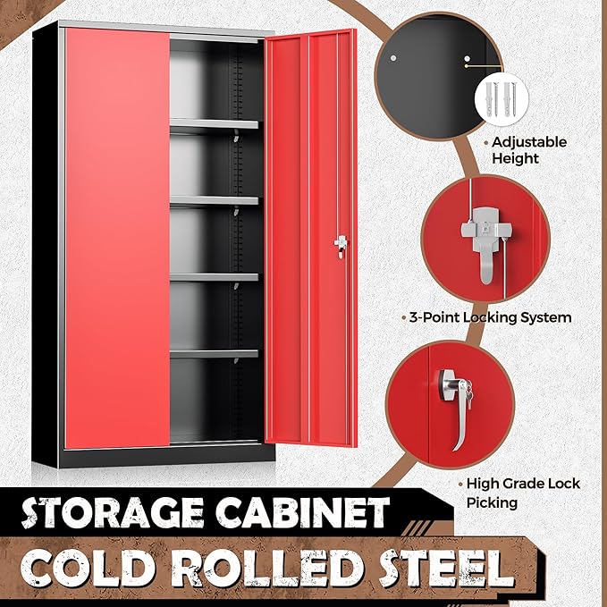 INTERGREAT Metal Lockable Storage Cabinet, 72” H Storage Cabinet with 2 Doors and 4 Adjustable Shelves for Office, Garage, Pantry (Assembly Required, Black Red)