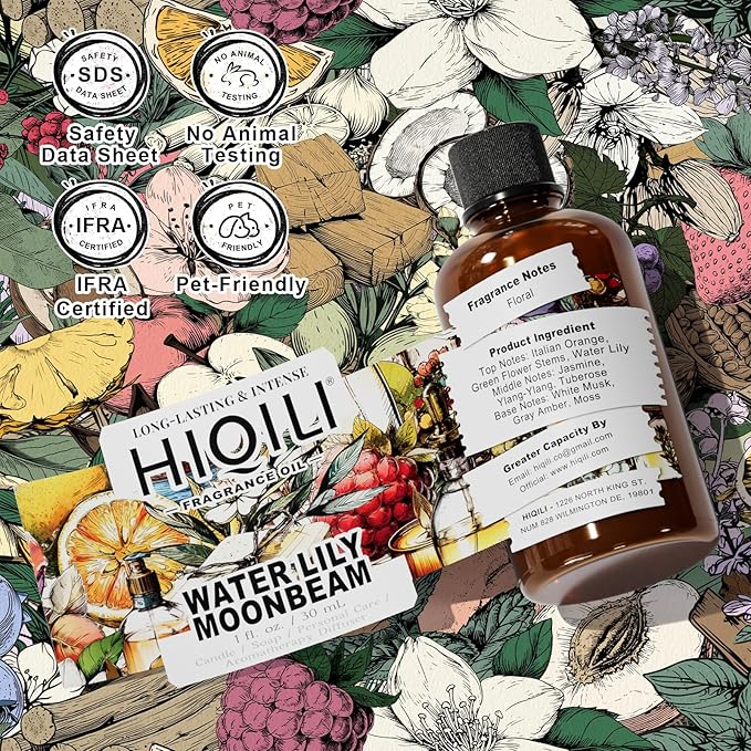 HIQILI Water Lily Moonbeam Fragrance Oil for Diffuser, Candles, Soap & Perfume Making, Floral Scent, Long-Lasting Aroma - 1 Fl Oz