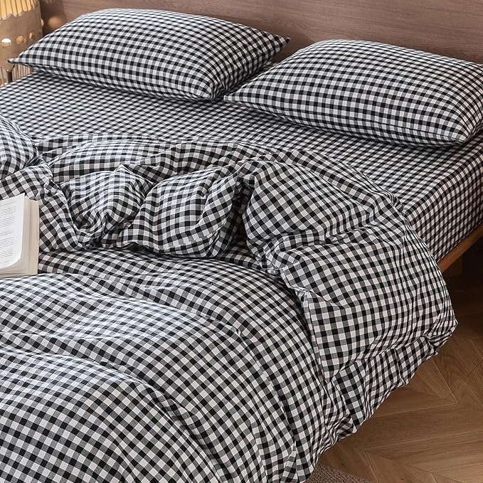 MooMee Gingham Duvet Cover Set 100% Washed Cotton Linen Like Textured Breathable Durable Soft Comfy Modern Checkered Design (Black White Gingham, Twin 68"x90")