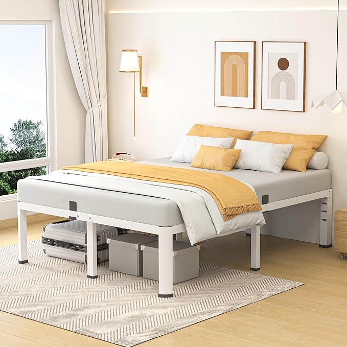 Superay 18 Inch King Size Metal Bed Frame with Round Corners, Storage Space Under High Bed Frame-Heavy Duty Steel Slats Support, Noise Free - Easy Assembly - No Box Spring Needed,White
