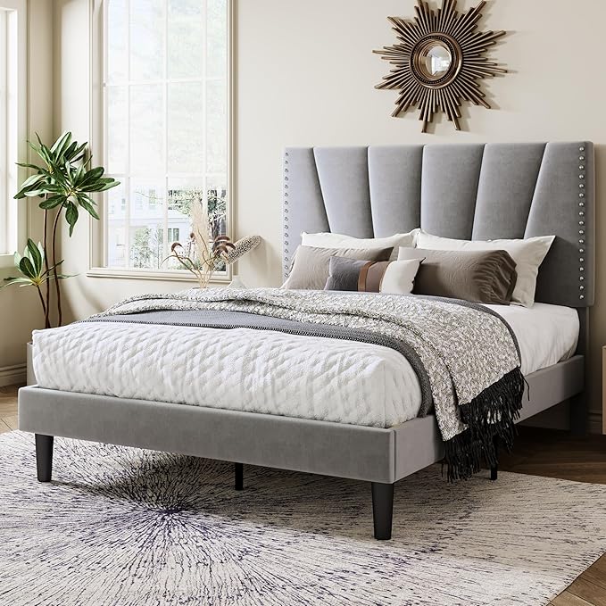 Allewie Queen Size Bed Frame with Adjustable Velvet Upholstered Headboard, Rivet-Style Nailhead Trim Detail Platform Bed Frame, Wooden Slat Support, No Box Spring Needed, Easy Assembly, Grey