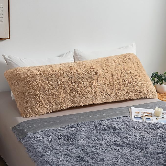 MEGO Shaggy Plush Body Pillow Cover, Camel Faux Fur Fluffy Body Pillowcase, 20x54 Fuzzy Full Body Pillow Case, Furry Long Big Throw Pillow Sham with Zipper for Home Bedding Couch Living Room Camel