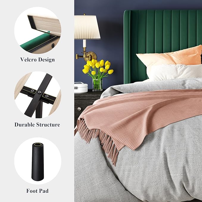 Allewie Queen Size Bed Frame/Velvet Upholstered Platform Bed/Vertical Channel Tufted Wingback Headboard/Strong Wooden Slats/No Box Spring Needed/Easy Assembly/Green