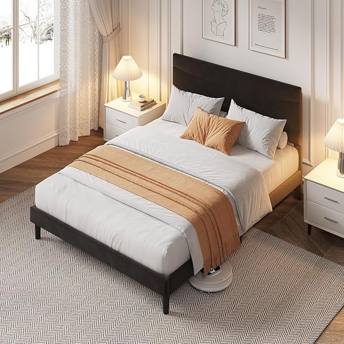 IDEALHOUSE Queen Size Upholstered Platform Bed Frame with Ergonomic Headboard, Beige Soft Fabric, Heavy Duty Wooden Slats, Noise-Free, 6.3" Underbed Storage, No Box Spring Needed, Easy Assembly