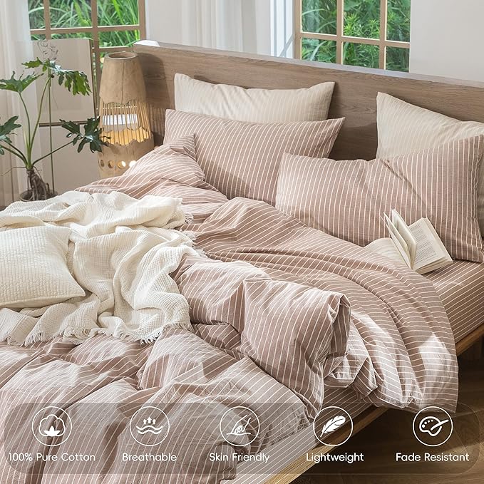 MooMee Striped Duvet Cover Set 100% Washed Cotton Linen Like Textured Breathable Durable Soft Comfy (Orange White Wide Stripes, Oversized Queen 98"x98")