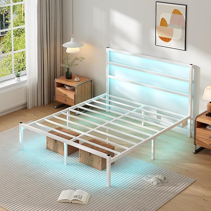 CLIBFENG Queen Bed Frame with Headboard,Heavy Duty Steel Slats Support-LED Bed Frame with USB Charging Station,Mattress Foundation-Under Bed Storage,No Box Spring Needed,Noise Free,White