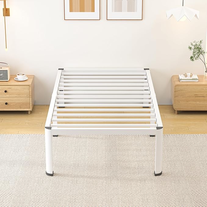 Superay 18 Inch Twin Size Metal Bed Frame with Round Corners, Storage Space Under High Bed Frame-Heavy Duty Steel Slats Support, Noise Free - Easy Assembly - No Box Spring Needed,White