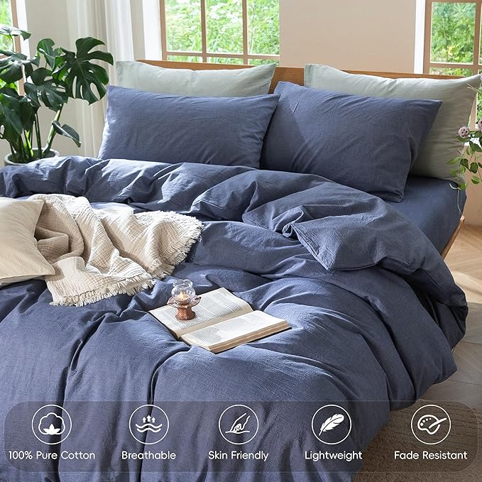 MooMee Bedding Duvet Cover Set 100% Washed Cotton Linen Like Textured Breathable Durable Soft Comfy (Heathered Blue, Palatial King/Oversized King 120"x98")