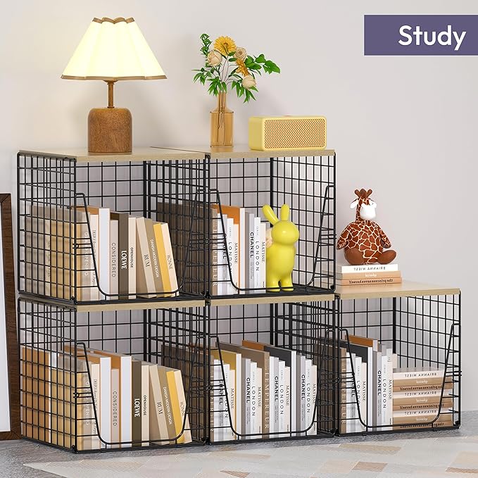 SWTYMIKI 2PCS Closet Organizers and Storage - Stackable Closet Basket with Wood Top Shelf, Clothes Storage Shelves, Clothes Drawer Bins for Wardrobe, Bedroom, Entryway, Black