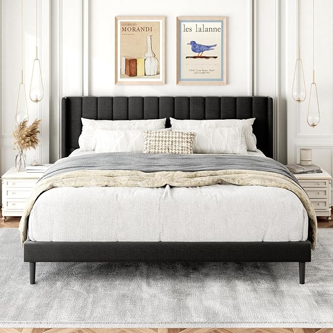 Gruwans King Size Bed Frame with Wingback Headboard, Upholstered Platform Bed, No Box Spring Needed, Sturdy Wooden Slat Support, Easy Assembly, Dark Gray
