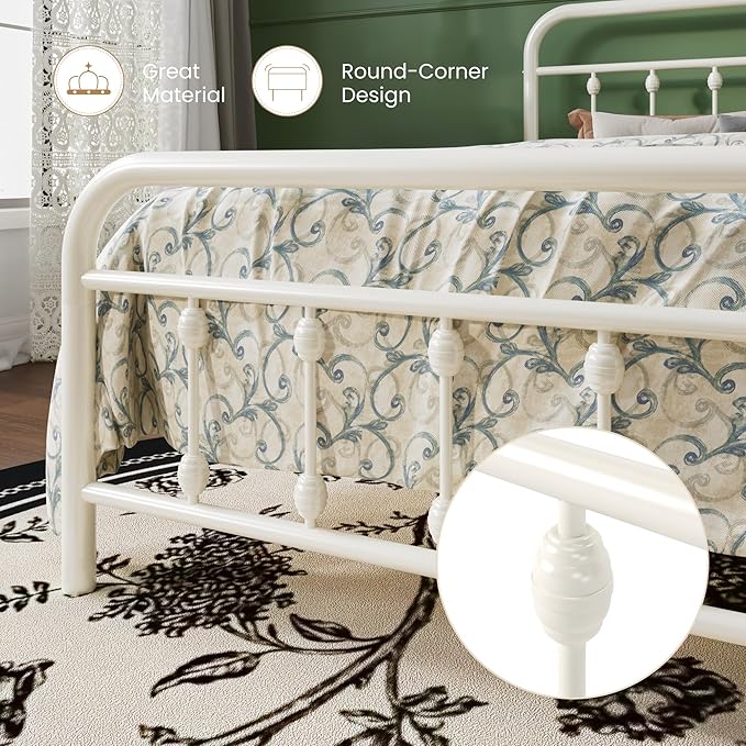 SHA CERLIN Twin Size Metal Platform Bed Frame with Victorian Style Iron-Art Headboard and Footboard, Easy Assembly, Under Bed Storage, No Box Spring Required, Off White