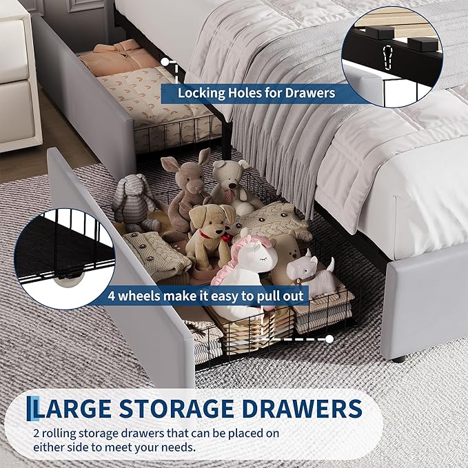GarveeHome Twin Bed Frame with Storage Headboard, Kids Bed Frame with 2 Drawers, Velvet Upholstered Platform Bed Frame with Lights, No Box Spring Needed, Easy Assembly, Velvet Grey