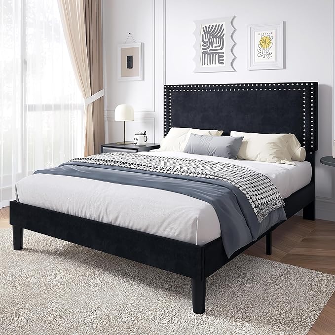VECELO Queen Size Platform Bed Frame with Height Adjustable Upholstered Headboard, Modern Mattress Foundation,Strong Wood Slat Support, No Box Spring Needed, Easy Assembly,Black