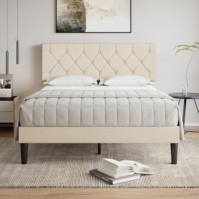 VECELO Queen Bed Frame with Button Tufted Headboard, Upholstered Platform with Wooden Slat Support, No Box Spring Needed, Dark Beige