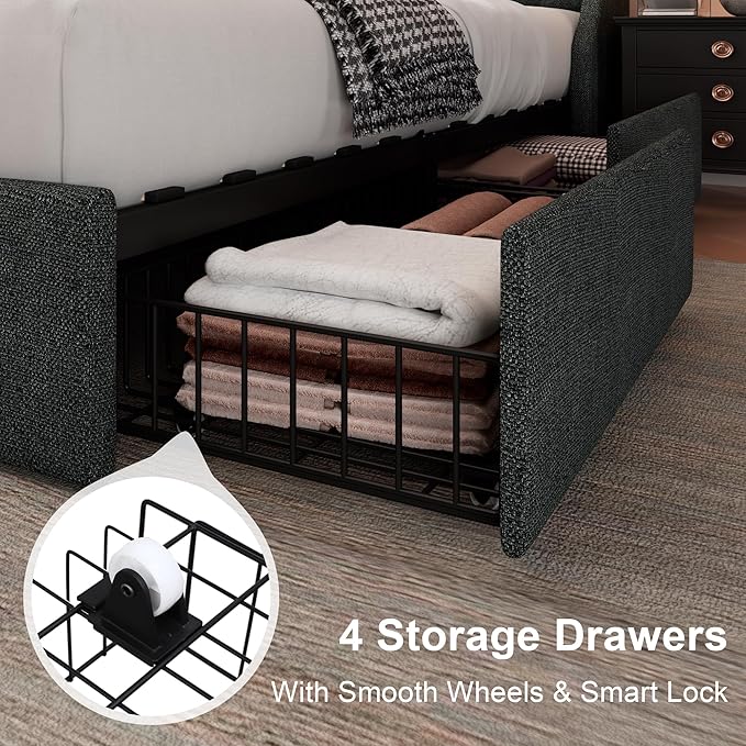 Feonase King Size Bed Frame with 4 Storage Drawers, Upholstered Storage Bed with Charging Station, Tufted Wingback Headboard, No Box Spring Needed, Dark Grey