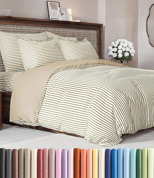 Duvet Cover Full Size Set - Extra Soft Full Duvet Cover 80" x 90" with 2 Pillow Shams - Hotel Luxury, Easy Care & Fade Free with Zipper Closures and Ties - Comfy, Cozy and Breathable (Beige Stripes)