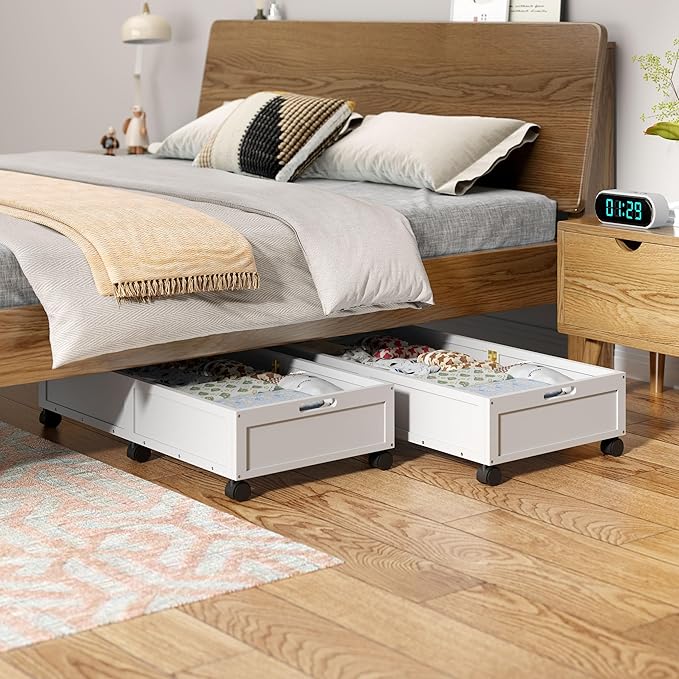 WISUCART Wood Under Bed Storage Containers Underbed Organizer with Wheels Sturdy Wood Rolling Under Bed Shoe Storage Organizer 2 Packs (White, Large)