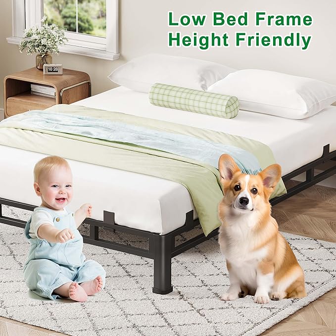 ROIL 7 Inch Queen Bed Frame, Metal Bed Frame & Box Spring 2 in 1 Platform with Round Corner Legs, 4000LBS Double Layer Low Profile Metal Platform Mattress Baffles, Noise-Free Easy Assembly