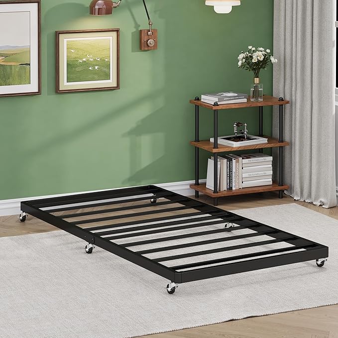 Lutown-Teen Twin Trundle Bed Frame with Metal Slats, Roll-Out Design, Easy Assembly Steel Frame with Lockable Wheels, Noiseless Pull Out Bed for Bedroom, Living Room or Guest Room, Black