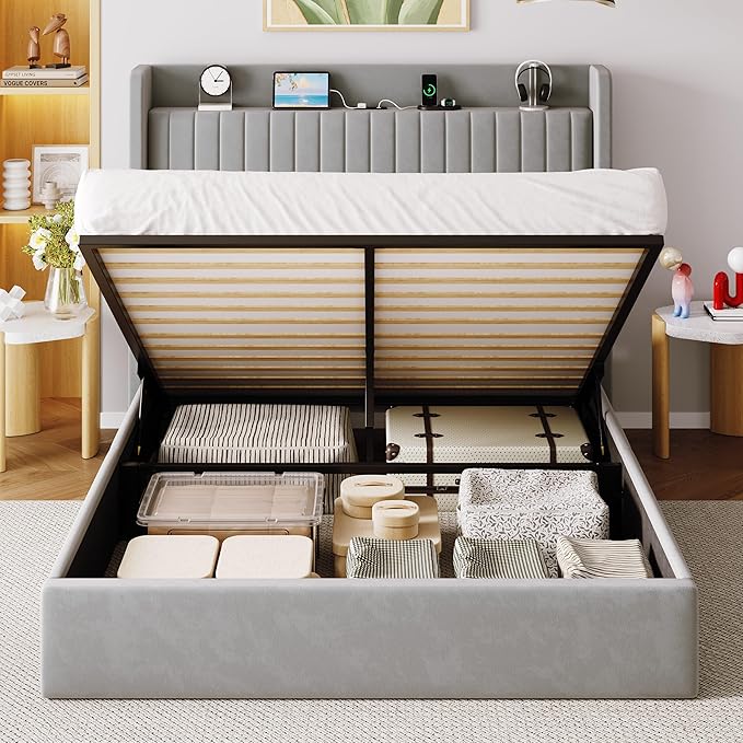 Allewie Full Size Lift Up Storage Bed Frame,Storage Shelf Headboard with Charging Station,Type-C and USB Ports,Hydraulic Support,Velvet Upholstered Bed Frame,No Box Spring Needed,Grey