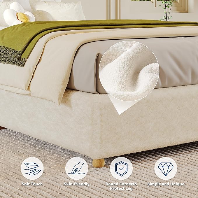 Twin Size Cloud Bed Frame，Teddy Fleece Low Bed Frame Without Headboard, Thick Boucle Fabric Upholstered Platform Bed, Solid Wood Legs, No Box Spring Needed, Never Squeak, Easy Assembly, Cream