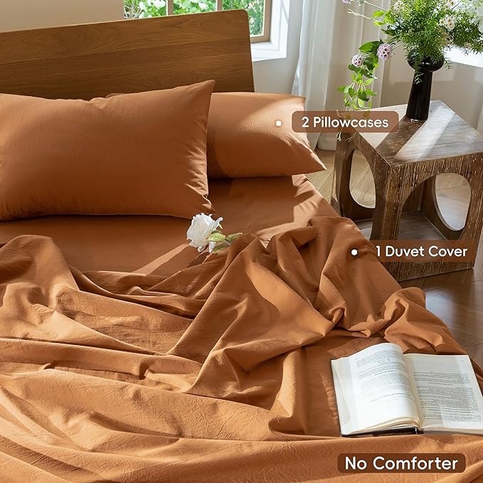 MooMee Bedding Duvet Cover Set 100% Washed Cotton Linen Like Textured Breathable Durable Soft Comfy (Solid Burnt Orange, Cal King 104"x98")