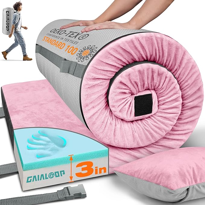 GAIALOOP 3 Inch Memory Foam Camping Mattress, Dual Layer Thick Sleeping Camp Pad for Car Tent Cot, Roll-Up Portable Glamping Floor Bed for Guests Sleepover