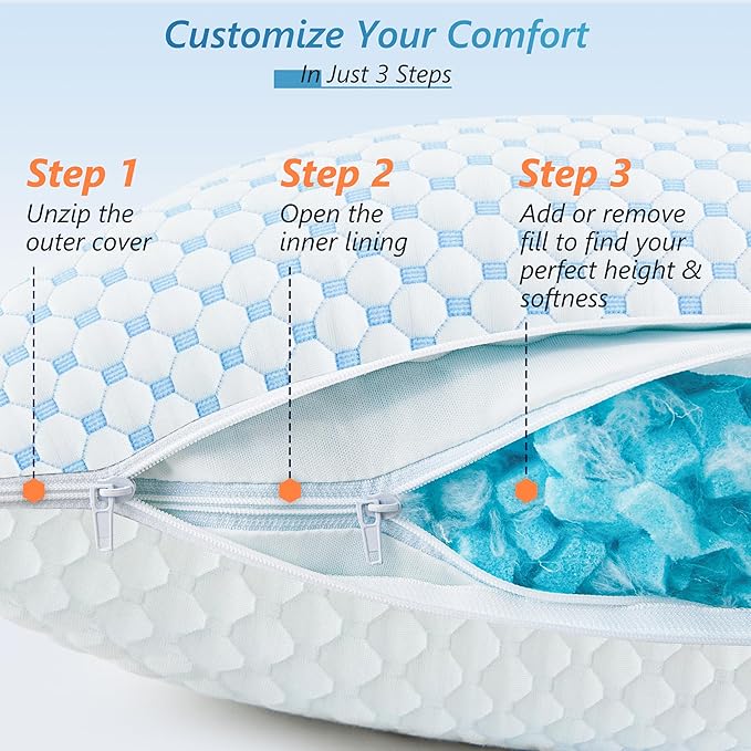 UYWO Cooling Firm Bed Pillows Set of 2, Shredded Memory Foam Pillows for Sleeping Luxury Gel Pillows for Side Back Stomach Sleepers with Removable Washable Cover(Blue, Queen)