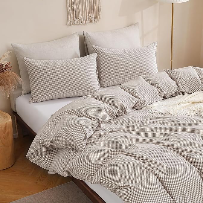 TOCOMOA Mini Gingham Tan Duvet Cover Bedding Set 100% Washed Cotton Like Linen Feel Super Soft Comfy 3 Piece Brown Small Plaid Checkered Comforter Cover Set (King 104"x90", Comforter Not Included)
