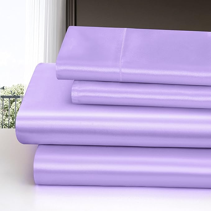 Homiest 4pcs Satin Sheets Set Luxury Silky Satin Bedding Set with Deep Pocket, 1 Fitted Sheet + 1 Flat Sheet + 2 Pillowcases (King Size, Lavender)