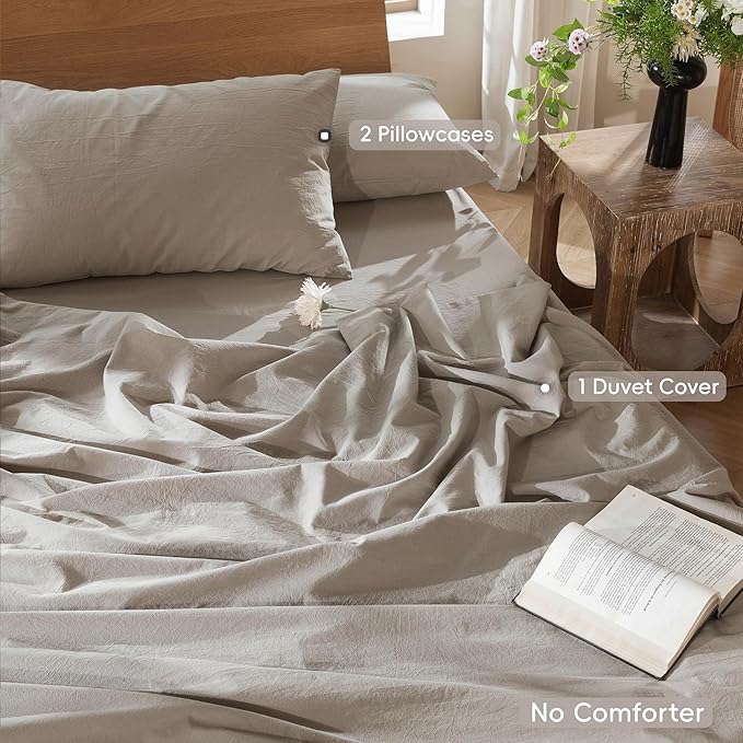 MooMee Bedding Duvet Cover Set 100% Washed Cotton Linen Like Textured Breathable Durable Soft Comfy (Solid Light Tan, Super King 108"x98")