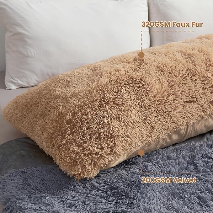 MEGO Shaggy Plush Body Pillow Cover, Camel Faux Fur Fluffy Body Pillowcase, 20x54 Fuzzy Full Body Pillow Case, Furry Long Big Throw Pillow Sham with Zipper for Home Bedding Couch Living Room Camel