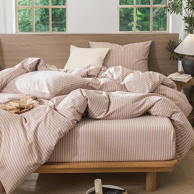 MooMee Striped Duvet Cover Set 100% Washed Cotton Linen Like Textured Breathable Durable Soft Comfy (Orange White Wide Stripes, King 104"x90")
