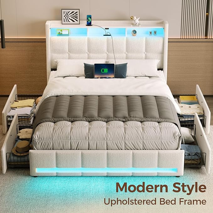 Rolanstar Full Size Bed Frame with LED Lights and Charging Station, Upholstered Bed Storage Headboard & Drawers, Heavy Duty Wood Slats, Easy Assembly, White