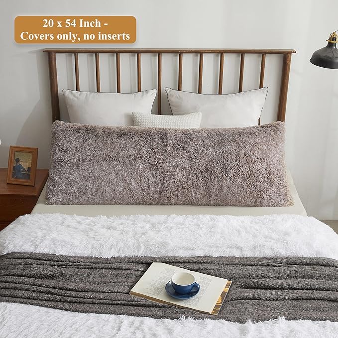 XeGe Cozy 20x54 Long Furry Body Pillow Cover, Plush Fuzzy Faux Fur Body Pillowcase with Zipper, Rectangular Fluffy Pillow Sham for Pregnant Women Side Sleeper, Shaggy Bedding Pillow Khaki Ombre