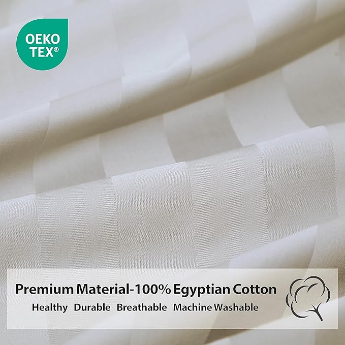 2-Pack Pure Cotton Fitted Sheet Full Size, 600 Thread Count 16" Deep Pocket Egyptian Cotton Fitted Sheet (2pcs, Full, Stripted Light Beige)