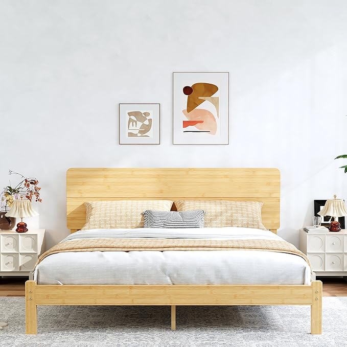 BOSRII 12in High Solid Bamboo Wood Platform King Size Bed Frame with Headboard, Reinforced Heavy Duty Metal Slats, Noise Free, No Box Spring Needed, Easy Assembly