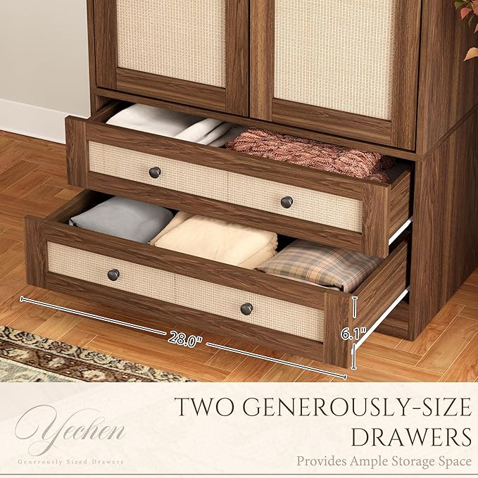 Yechen 71" Wooden Armoire Wardrobe Closet - Modern Functional Clothes Tall Storage Cabinet with Adjustable Shelf and Hanging Rail, Sturdy Freestanding Closet Wardrobe with 2 Wide Drawers for Bedroom