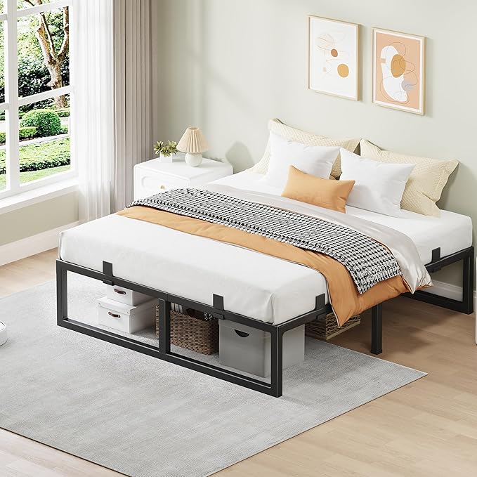 Full Size Bed Frame, 16 Inch Metal Platform Bed Frames with Squeak Free U-Slot Design, 6 Non-Slip Guards, 3500lbs Heavy Duty Steel Slat Support, No Box Spring Needed, Under Bed Storage, Black