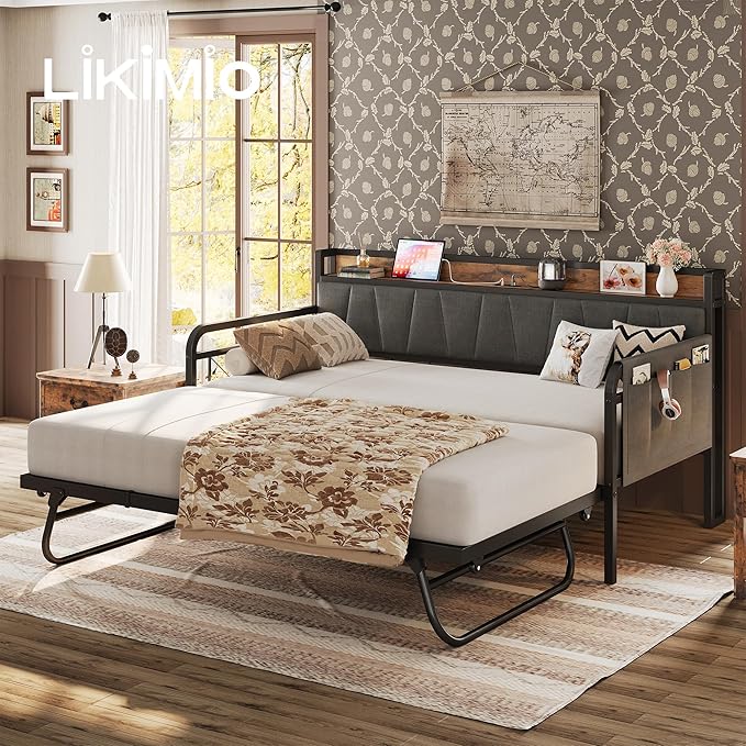 LIKIMIO Twin Daybed, Day Bed with Trundle, Storage Upholstered Headboard and Charging Station, Trundle Bed with Strong Supports for Living Room, Bedroom, and Guest Room, Grey