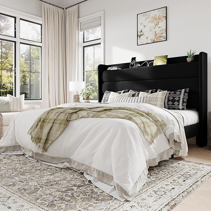 Allewie King Size Upholstered Bed Frame with Charging Station & Storage Headboard, Soft Velvet Wingback Platform Bed, Strong Wooden Slats Support, No Box Spring Needed, Easy Assembly, Black